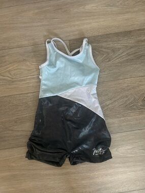Justice Metallic Colorblock Dance Romper - Light Blue, Silver & Charcoal Sz 5-6Y